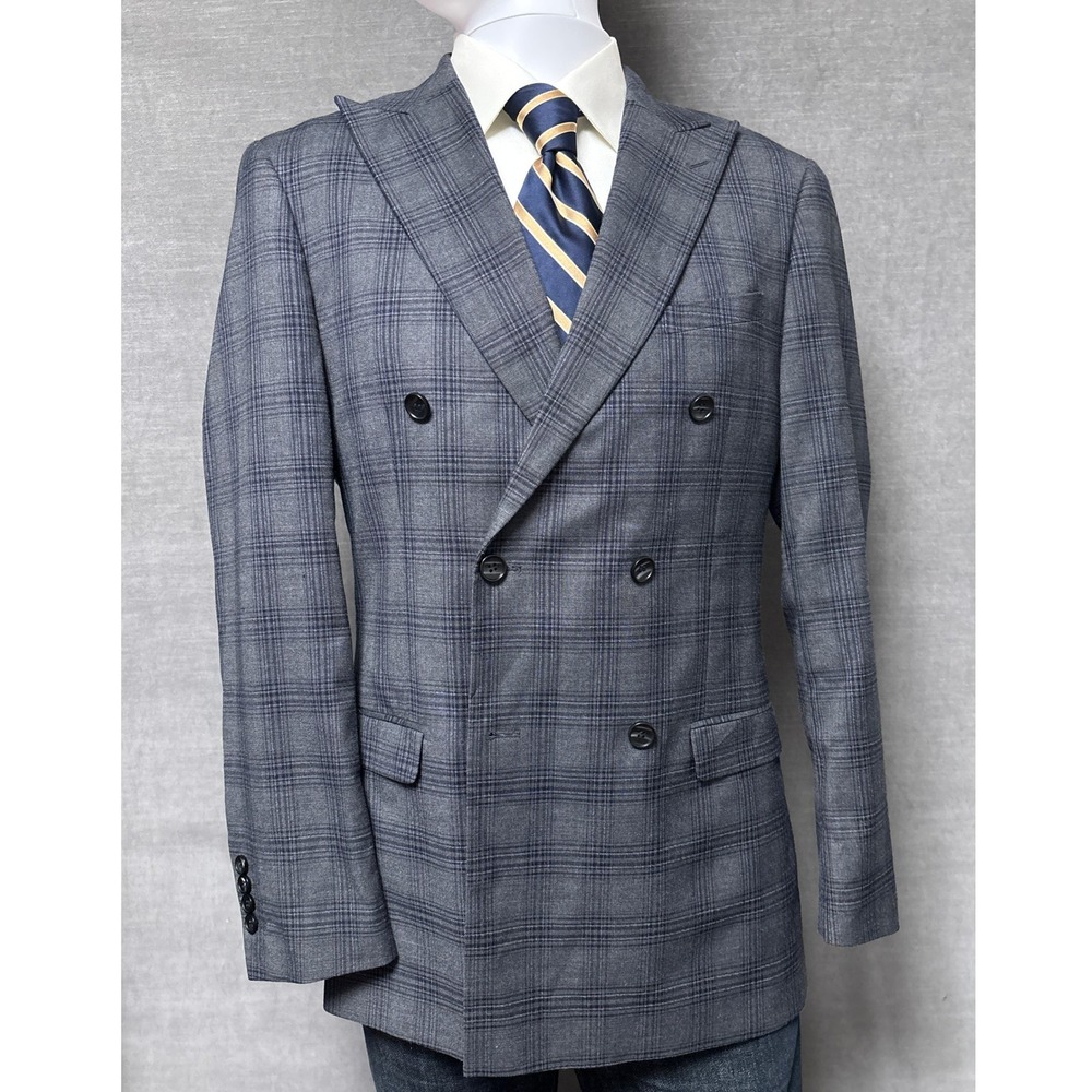 Needle Stitch Sport Coat 40L Gray Plaid Double Breasted Peak Lapel 38L Slim Fit